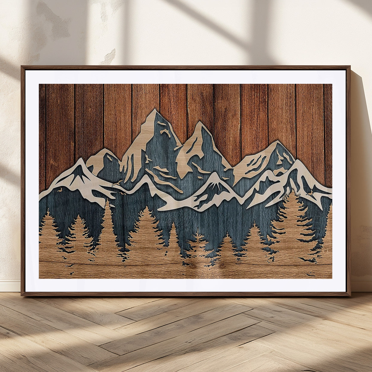 MGC-FP-36x24 - Rustic Wood Style Mountain Wall Art, Nature Forest Canvas Print, Wooden Textured Mountain Artwork,