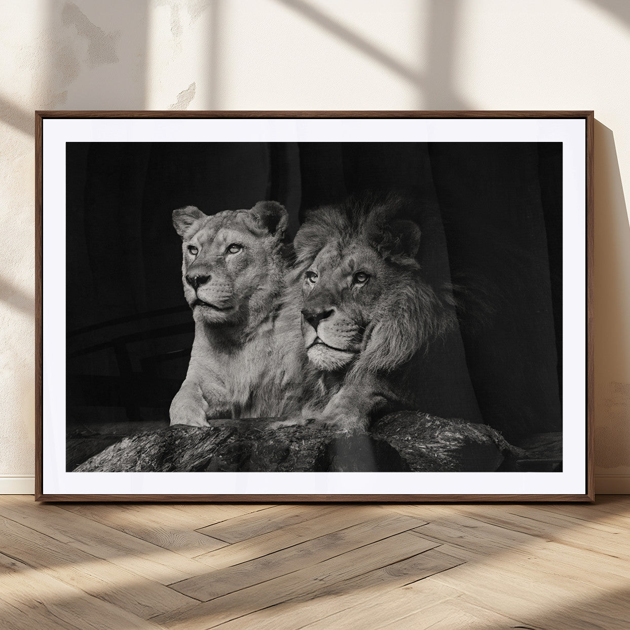MGC-FP-36x24 - Lion Couple Canvas Wall Art Print – Elegant Wildlife Portrait in Black and White Lion Family – Ready