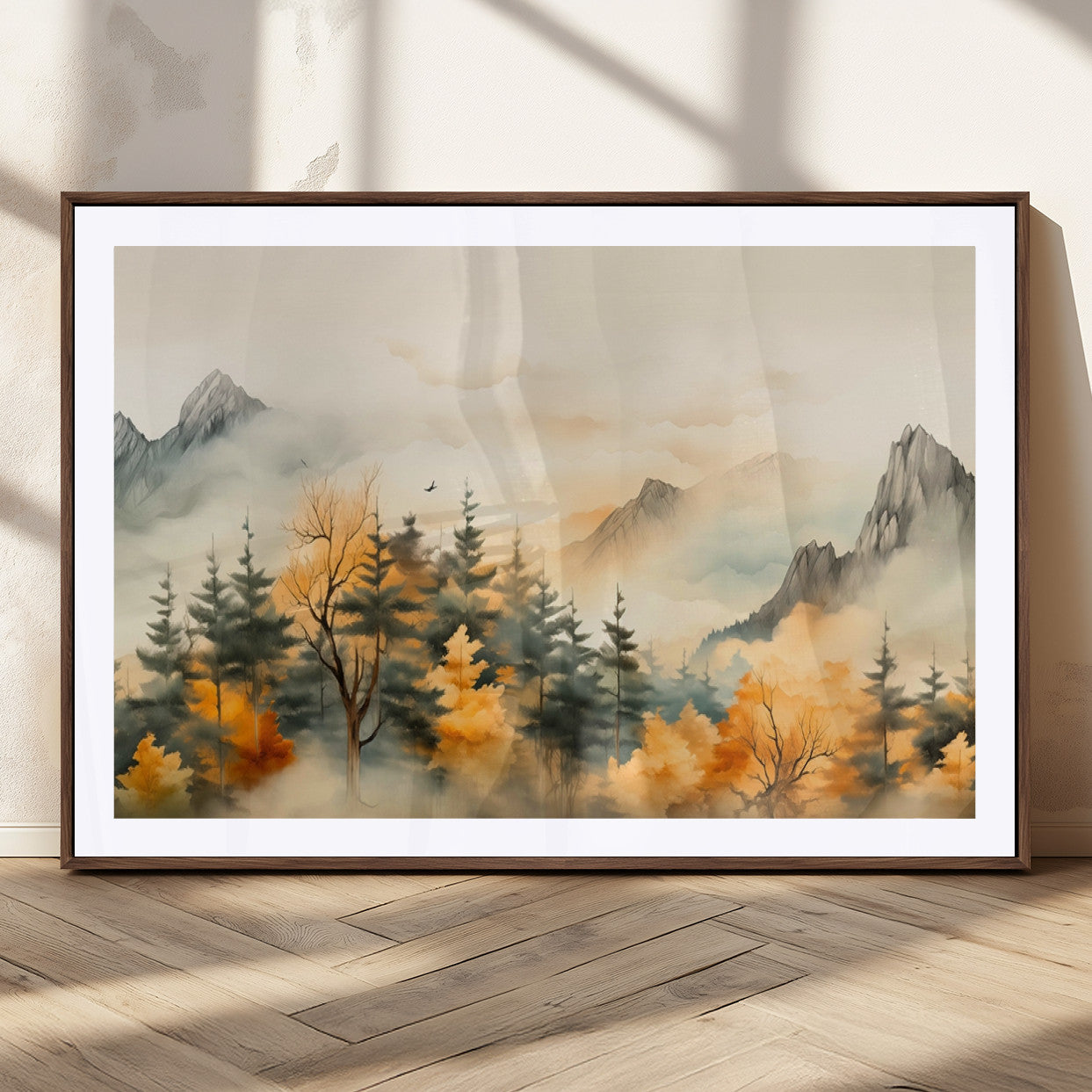MGC-FP-36x24 - Abstract Watercolor Mountains and Trees Autumn Art, Watercolor Mountains and Trees Canvas Print