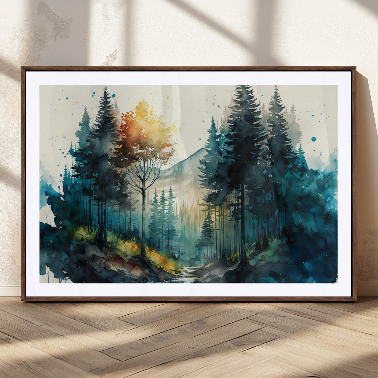 96186-MGC-FP-36x24_Walnut-Watercolor Trees Forest Abstract Wall Art Canvas Print, Framed Watercolor Trees Wall Art