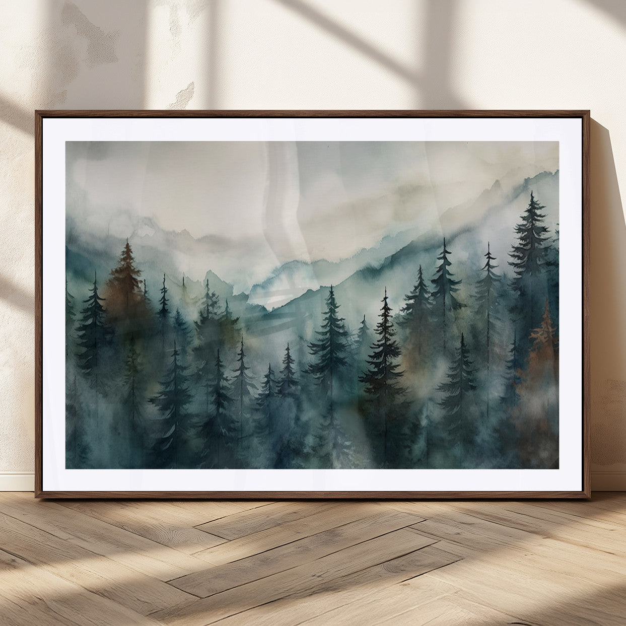 48468-MGC-FP-36x24_Walnut-Serenity Forest Wall Art Canvas | Foggy Mountain Landscape Canvas Print for Living Room or Office | Nature-Inspired Woodland Decor