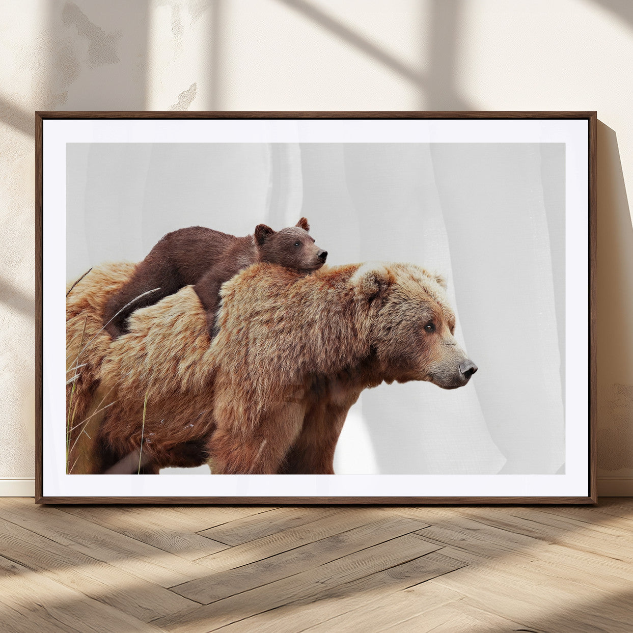 76943-MGC-FP-36x24_Walnut-Mother and Baby Bear Canvas Wall Art - Adorable Wildlife Animal Print, Cozy Rustic Decor for Living
