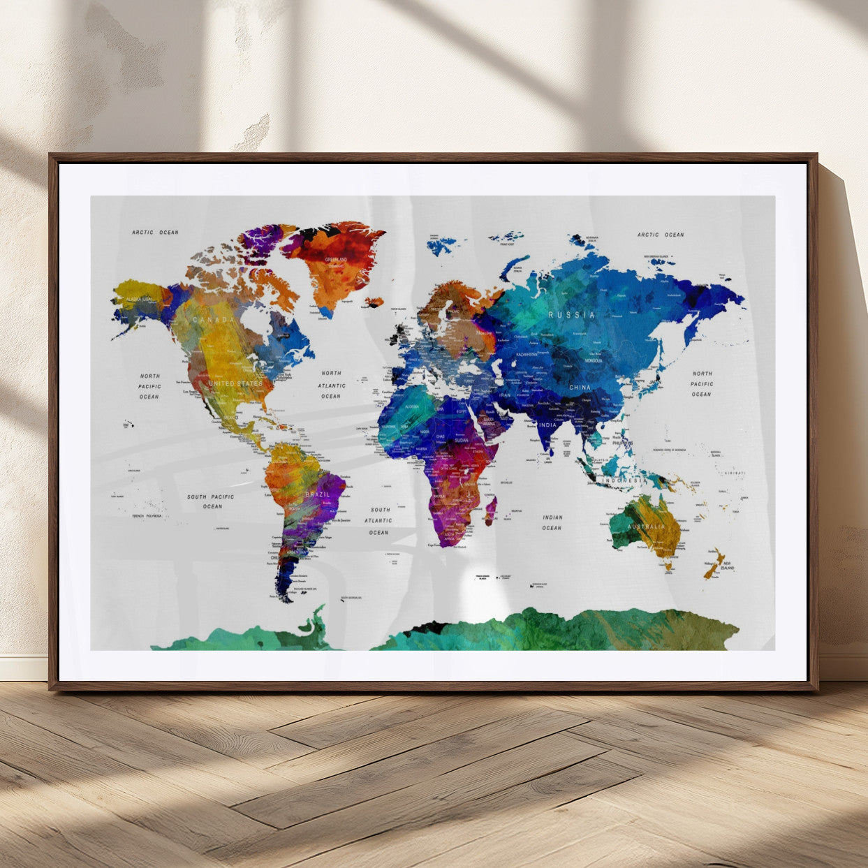 48979-MGC-FP-36x24_Walnut-Push Pin World Map Canvas Print – Framed Wall Art for Couples to Track Their Travels – Anniversary