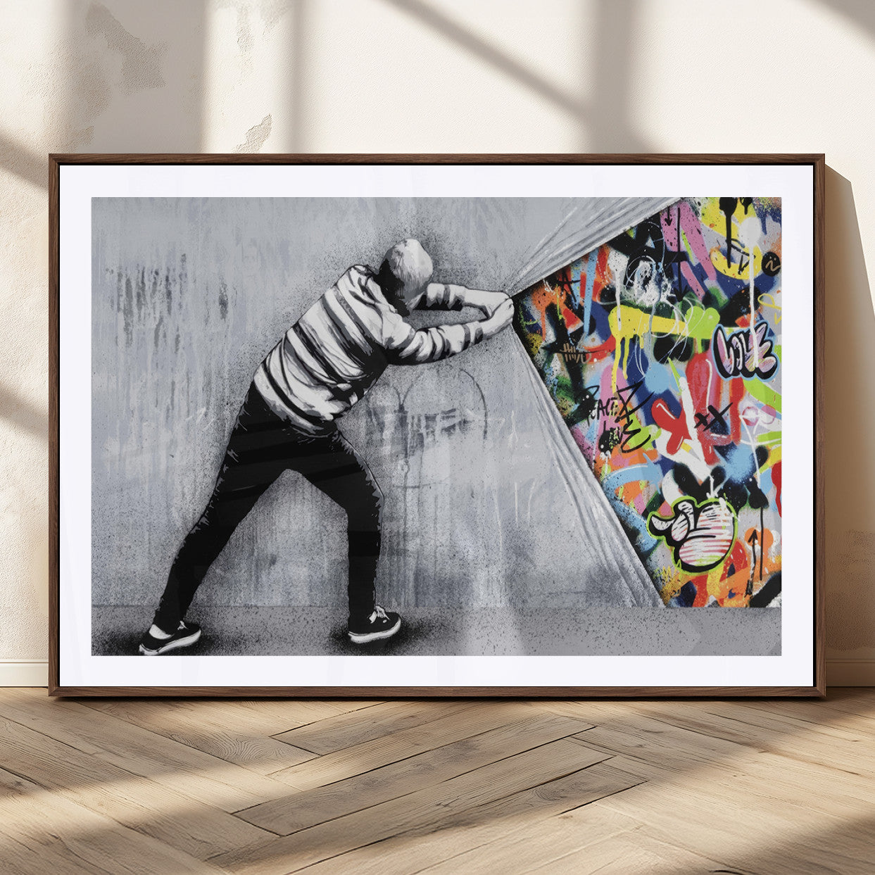 MGC-FP-36x24 - Banksy Art Behind the Curtain Street Wall Art Canvas Print | 3-Panel Urban Graffiti-Inspired Wall