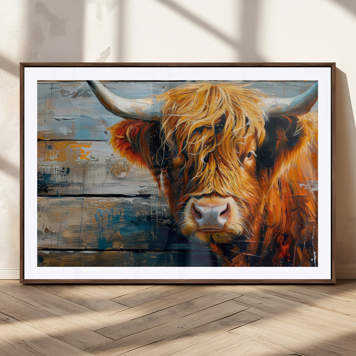 92312-MGC-FP-36x24_Walnut-Highland Cow Abstract Canvas Wall Art – Bold Farmhouse Rustic Decor – Ready to Hang