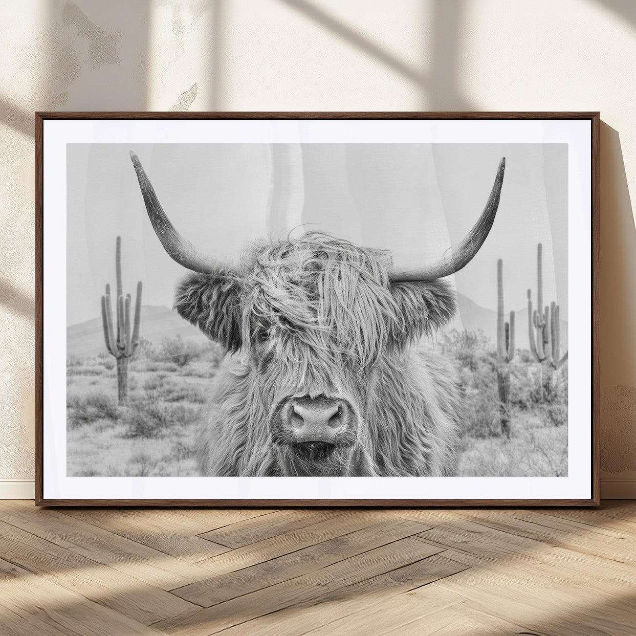 94579-MGC-FP-36x24_Walnut-Rustic Charm | Cow Longhorn Black White Bighorn Wall Art Canvas Print | Farmhouse Wall Art
