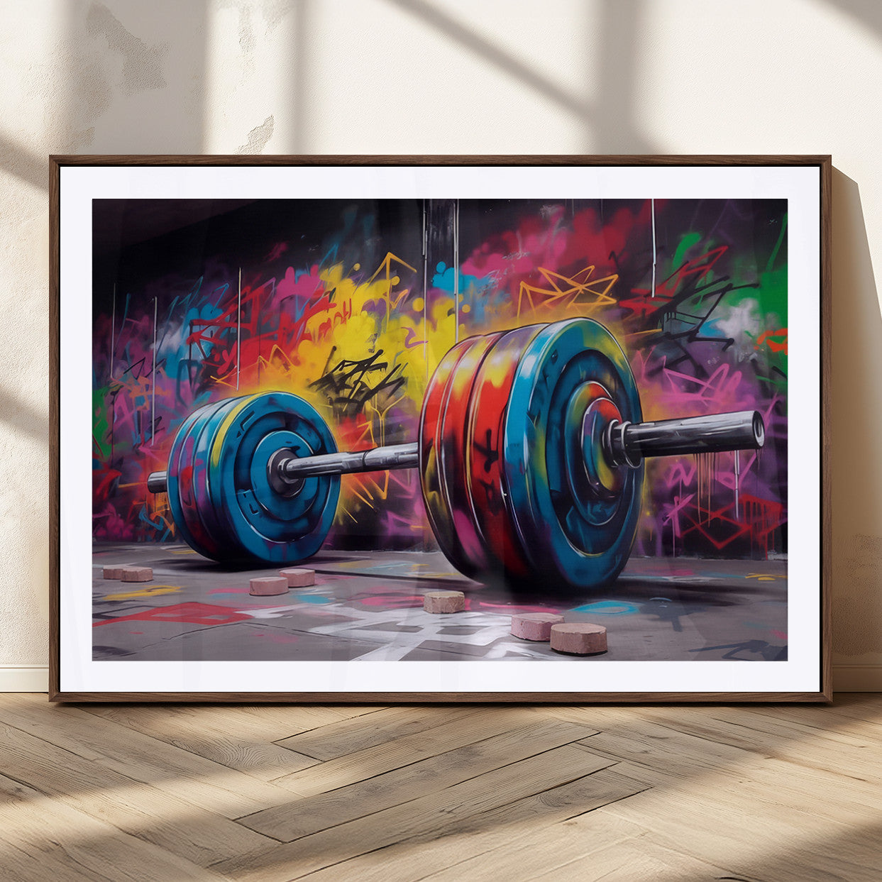 MGC-FP-36x24 - Abstract Graffiti Barbell Canvas Wall Art – Urban Fitness Meets Bold Street Art Print - Gym Wall Art Print