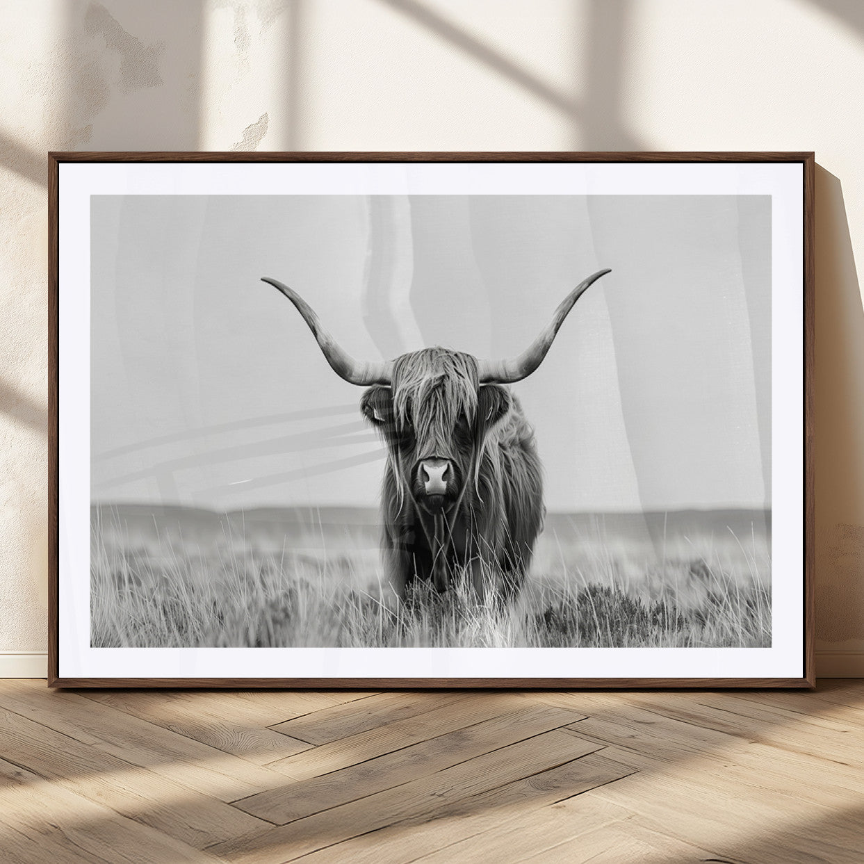 MGC-FP-36x24 - Highland Cow Canvas Wall Art – Majestic Beauty in Black and White