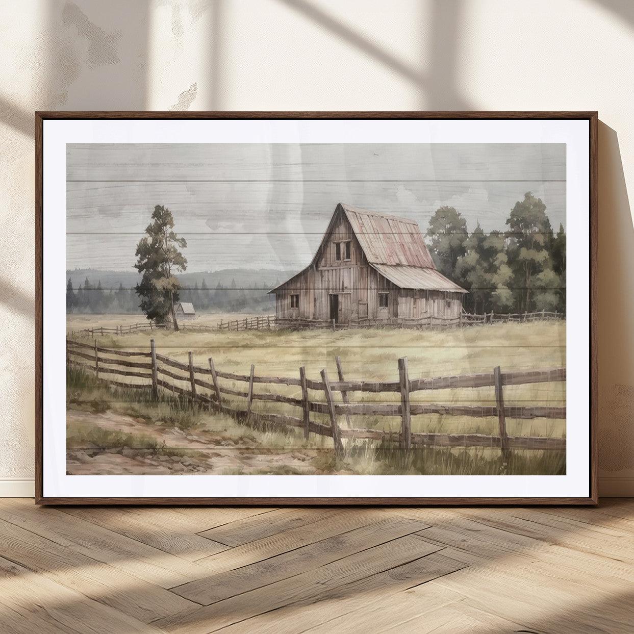 87489-MGC-FP-36x24_Walnut-Rustic Farmhouse Barn Wall Art | 3-Panel Framed Gallery Wrap Giclee Canvas Print for Living Room,