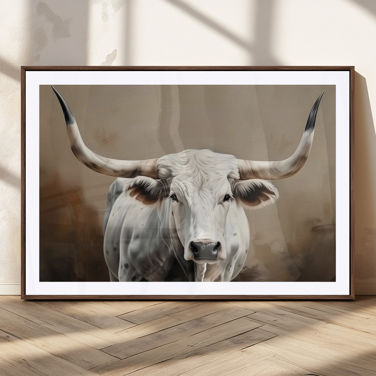 61423-MGC-FP-36x24_Walnut-White Longhorn Bull Wall Art Canvas Print – Framed and Ready to Hang – Perfect for Farmhouse and