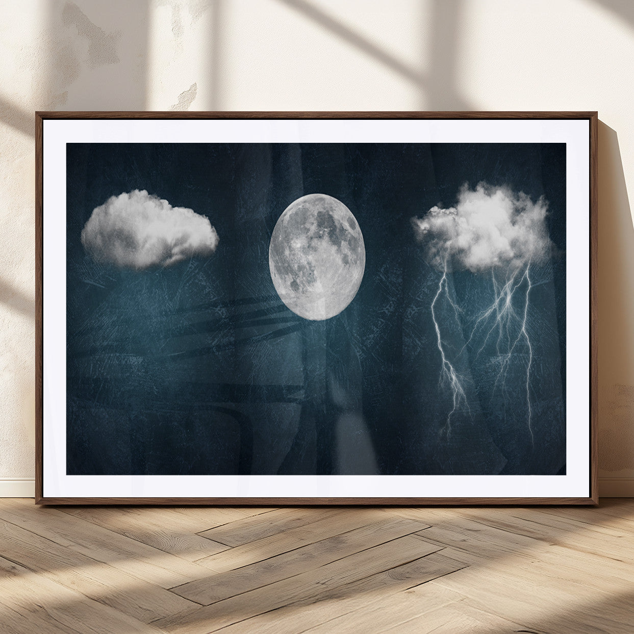 17673-MGC-FP-36x24_Walnut-3 Piece Indigo Cloud Wall Art, Thunderstorm Moon Cloud Artworks