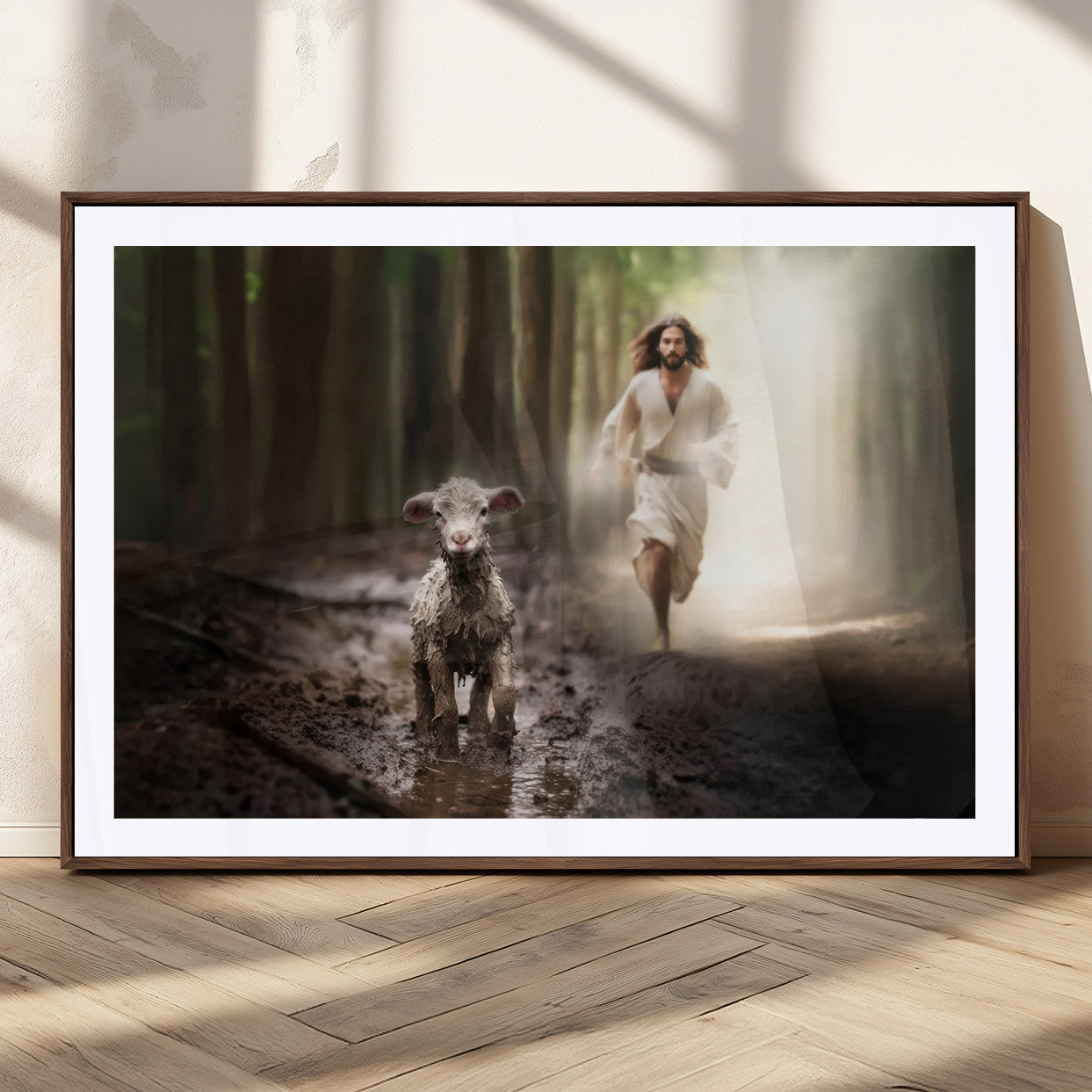 MGC-FP-36x24 - Jesus Canvas Wall Art - Jesus Running After Lost Lamb, Jesus, Christian Home Decor - Church Wall Art