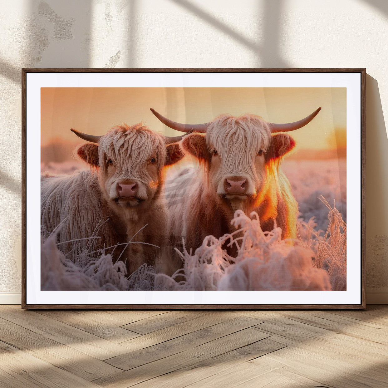 68253-MGC-FP-36x24_Walnut-Highland Cows at Sunrise Wall Art Canvas Set – Serene and Rustic Farmhouse Decor