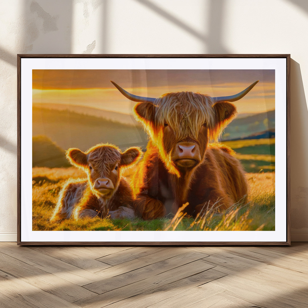 20567-MGC-FP-36x24_Walnut-Scottish Cow and Baby Cow Canvas Wall Art Animal Print Fluffy Cattle Framed Farmhouse Decor