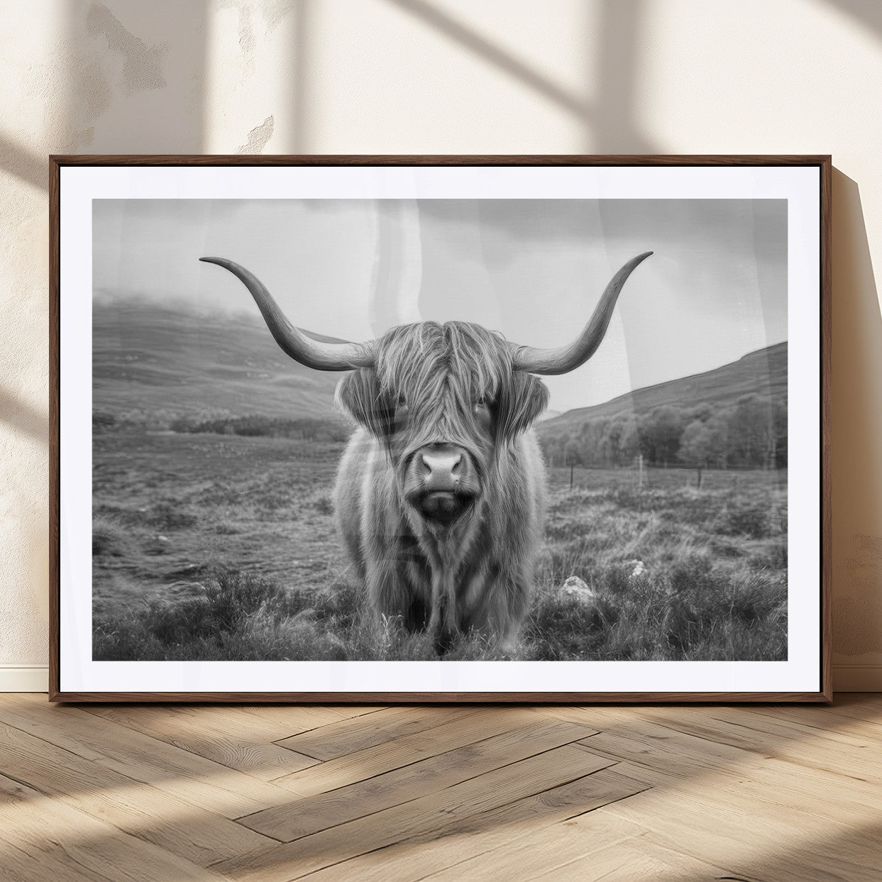 MGC-FP-36x24 - Black White Scottish Highland Cow Canvas Farm Wall Art Canvas Print