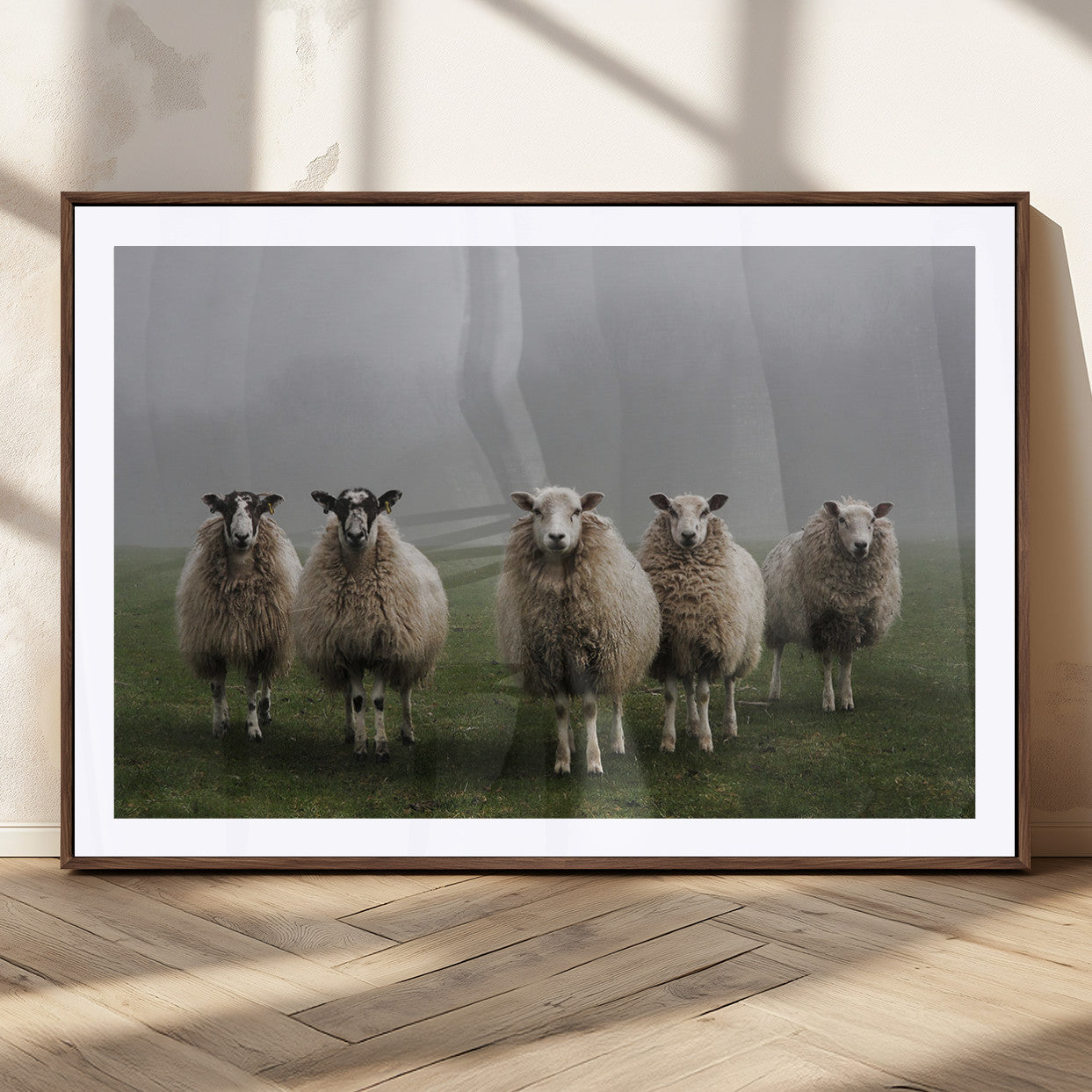 87339-MGC-FP-36x24_Walnut-Flock of Sheep in a Mystical Fog – Pastoral Wall Art Canvas Print, Framed, Ready to Hang
