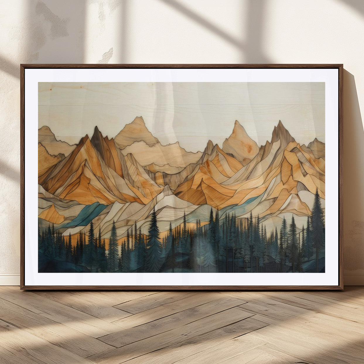 31576-MGC-FP-36x24_Walnut-Rustic Wood Mountain Wall Art Print | Triptych Giclee Print Featuring Handcrafted Forest and