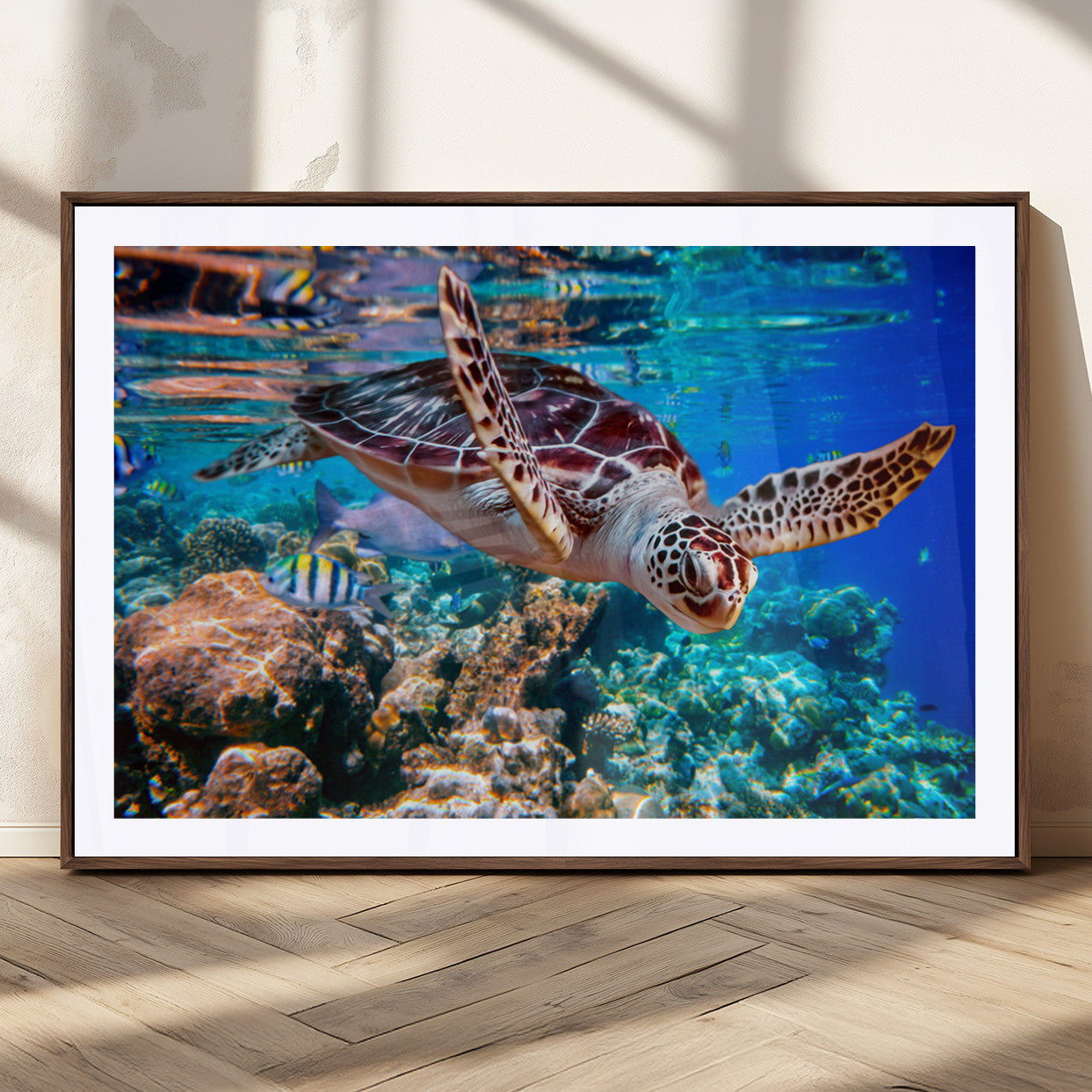 MGC-FP-36x24 - Underwater Coral Reef Sea Turtle Wall Art Canvas Print, Vibrant Marine Life | Colorful Ocean Scene