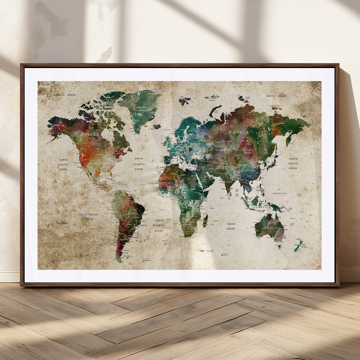 45128-MGC-FP-36x24_Walnut-Push Pin World Map Canvas Print – Framed Wall Art for Couples to Track Their Travels – Anniversary Gift or Home Adventure Decor