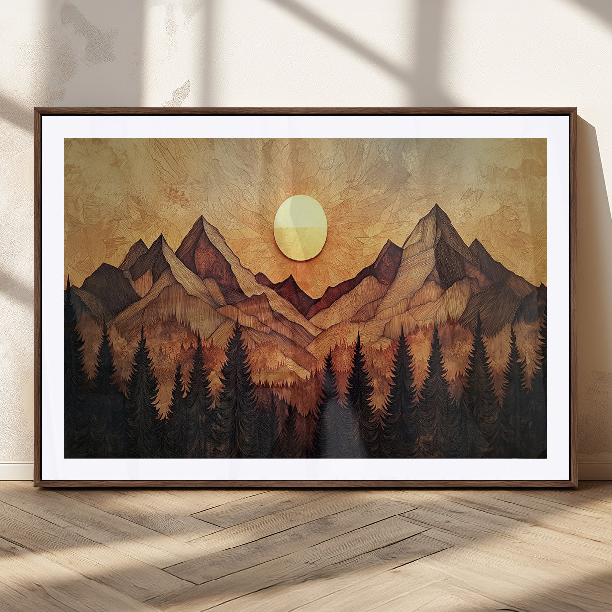 MGC-FP-36x24 - Wood Style Abstract Mountain Sunset Canvas Wall Art Print - Warm Earth Nature-Inspired Decor for