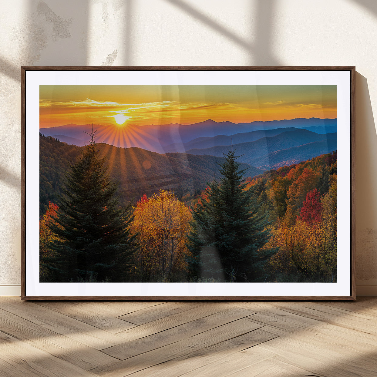 MGC-FP-36x24 - Golden Sunset Over Mountain Forest Canvas Wall Art Print - Warm Nature-Inspired Landscape for Living