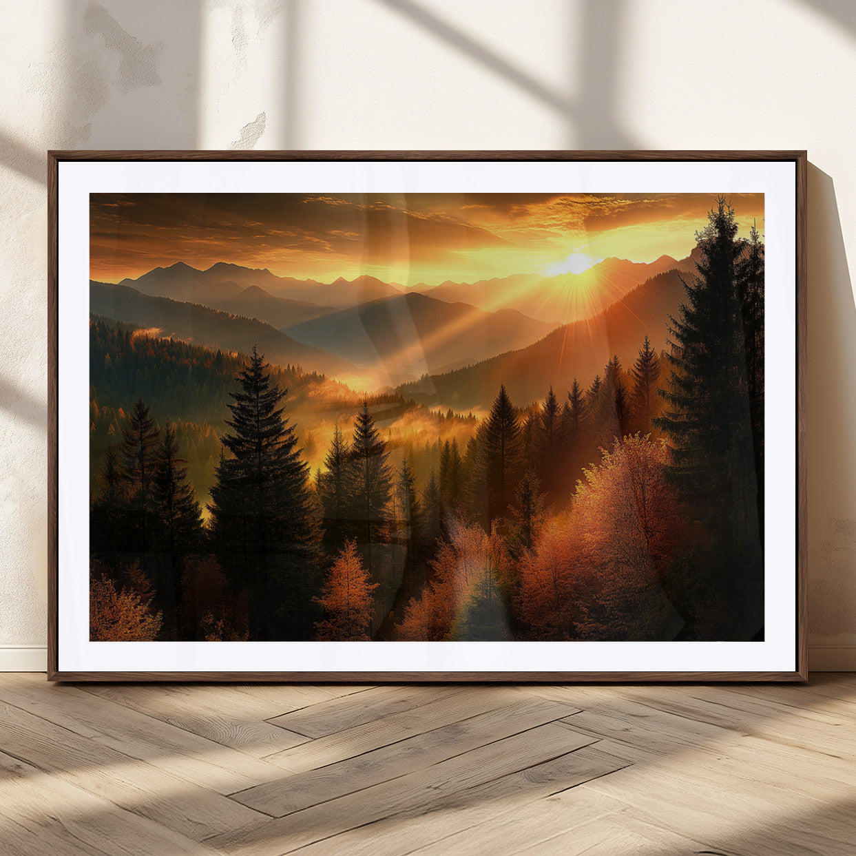 MGC-FP-36x24 - Golden Sunset Over Mountain Forest Canvas Wall Art Print - Warm Nature Landscape Print