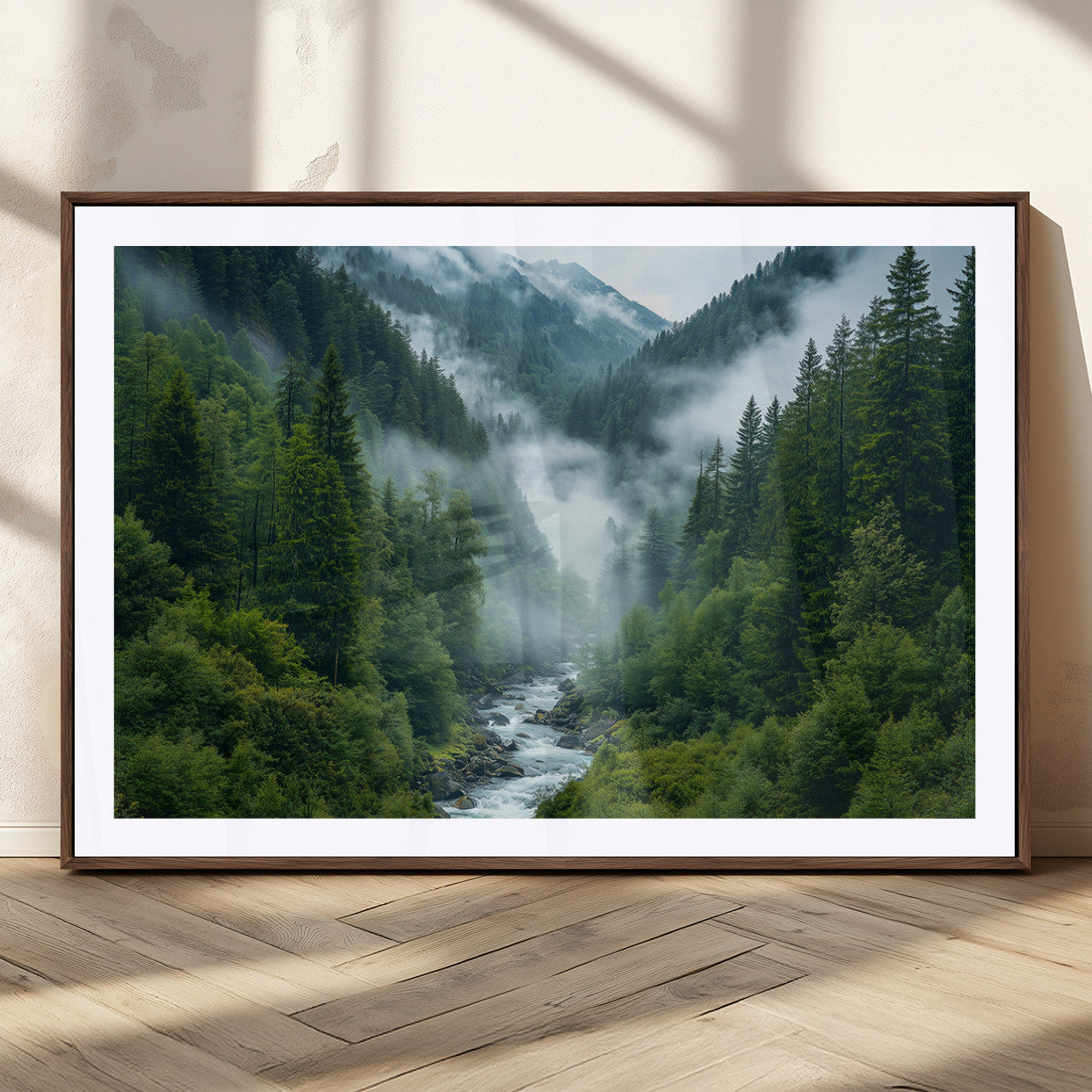 MGC-FP-36x24 - Mountain Forest River Canvas Wall Art Print - Serene Nature Landscape for Living Room, Office, or