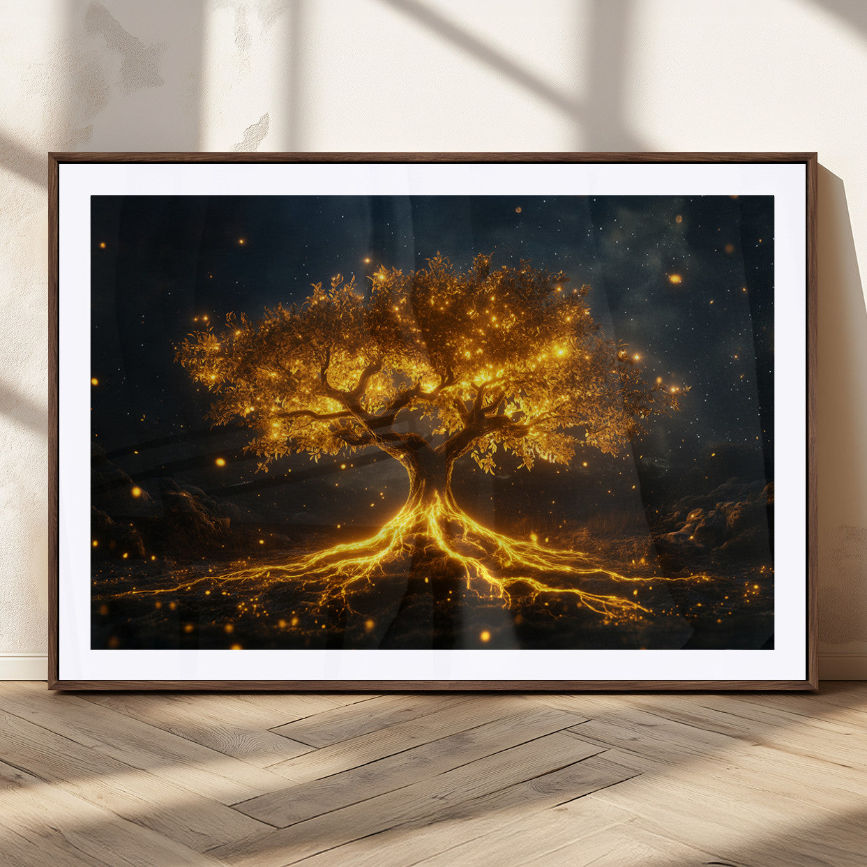 MGC-FP-36x24 - Golden Tree of Life Canvas Wall Art Print - Majestic Glowing Tree Design for Living Room, Office, or