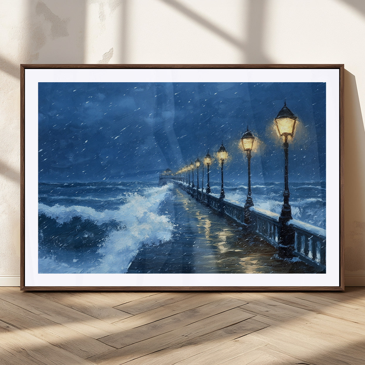 MGC-FP-36x24 - Stormy Ocean Pier Lights Canvas Wall Art Print - Large Moody Night Scene for Living Room, or Office,