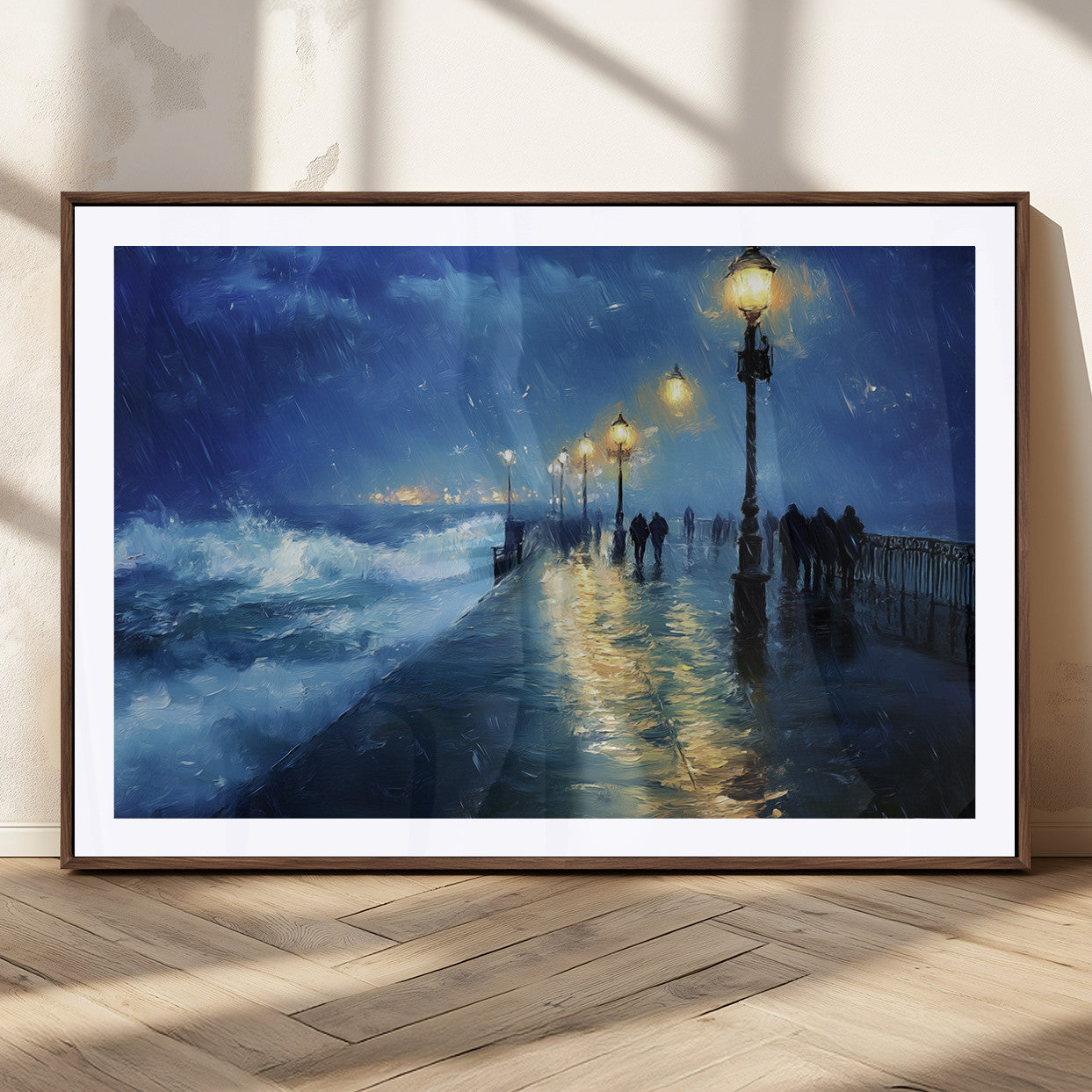 MGC-FP-36x24 - Abstract Stormy Ocean Pier Canvas Wall Art Print | Stormy Ocean Art | Large Moody Night Scene Print,