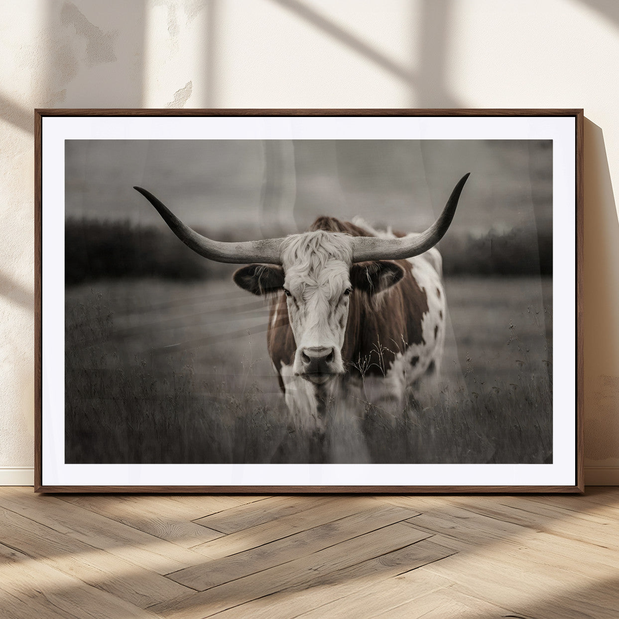 MGC-FP-36x24 - Texas Longhorn Cow Canvas Wall Art Print - Large Rustic Longhorn Art for Living Room, Western Wall