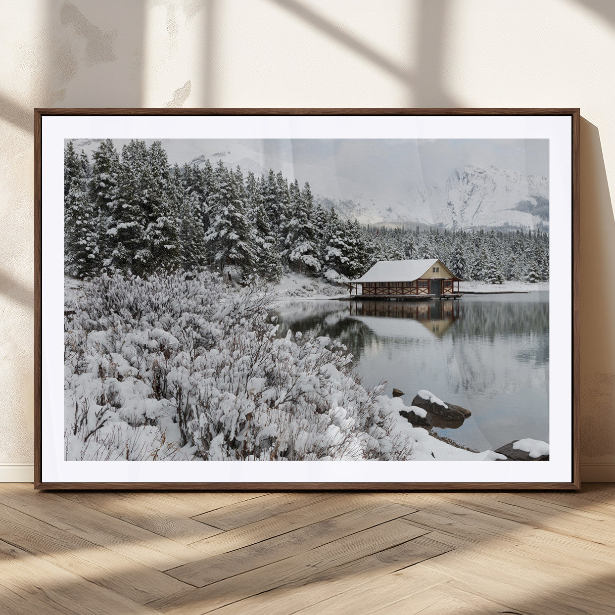 MGC-FP-36x24 - Winter Wall Art - Cabin by the Lake Canvas Wall Art - Serene Snowy Landscape with Mountain View,