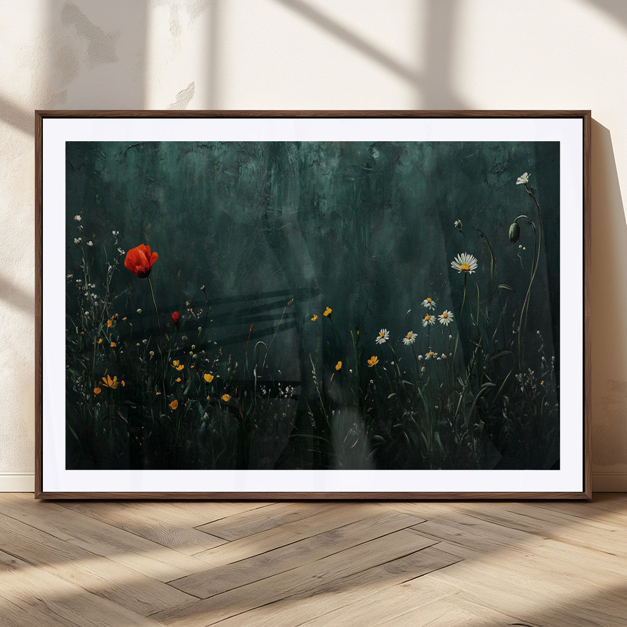 MGC-FP-36x24 - Wildflower Field Framed Wall Art, Vintage Botanical Landscape Sign, Botanical Wall Art, Modern