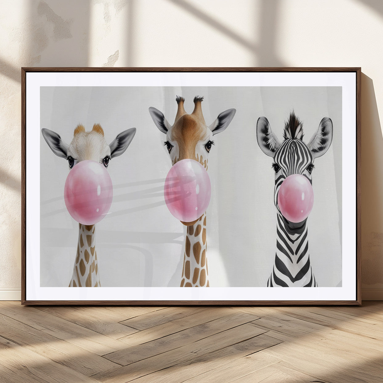 MGC-FP-36x24 - Bubblegum Animals Canvas Wall Art - Playful Giraffe and Zebra Trio, Fun Nursery Decor for Kids'