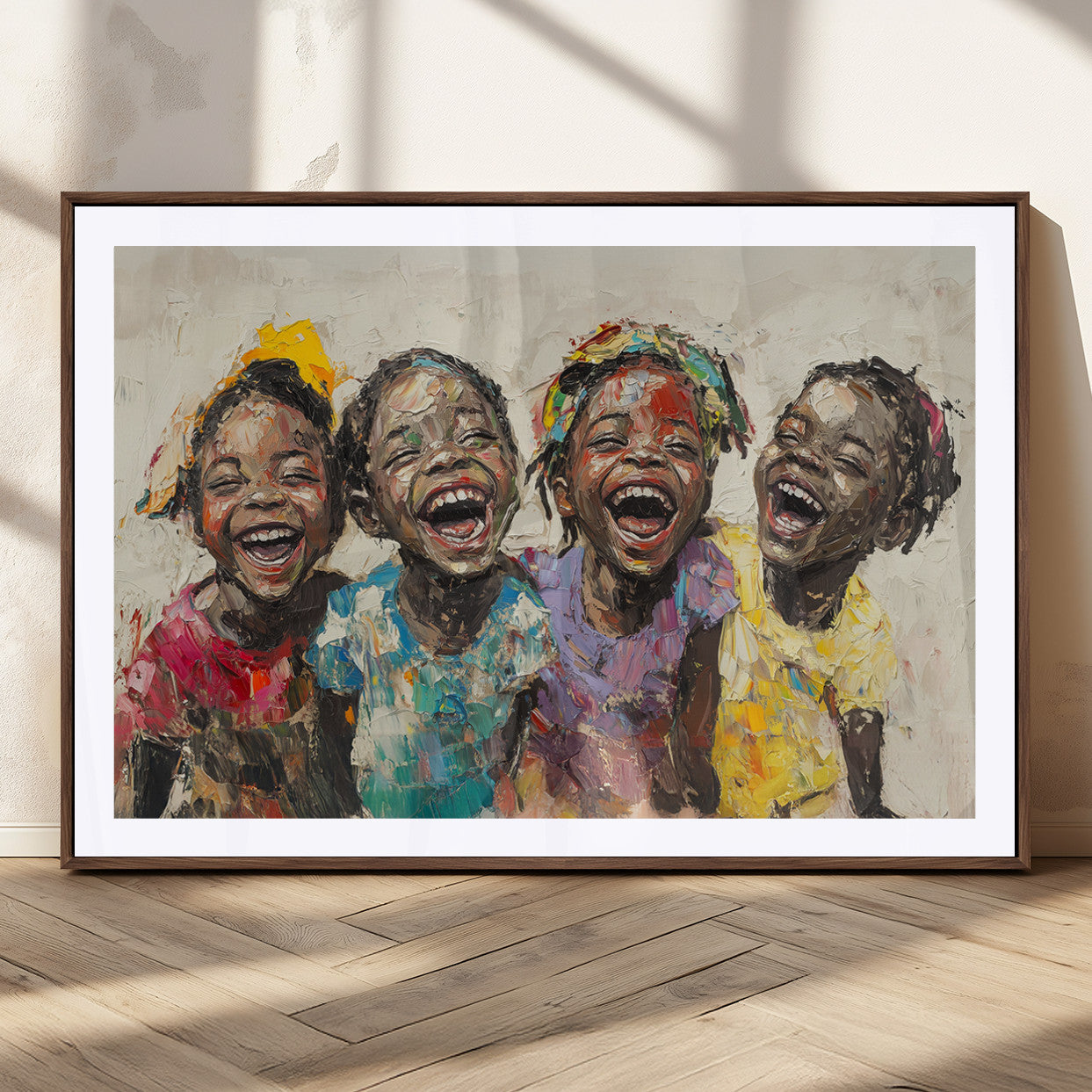 MGC-FP-36x24 - Shai Yossef style Joyful Childhood Canvas Wall Art - Expressive Impasto Painting of Black Children