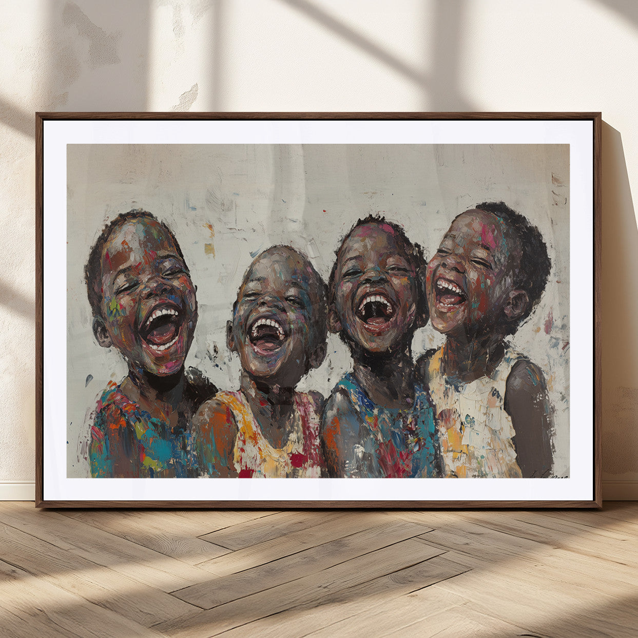 85256-MGC-FP-36x24_Walnut-Shai Yossef Print - Joyful Childhood Canvas Wall Art - Expressive Impasto Painting of Laughing