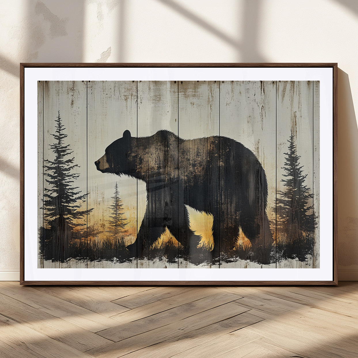 83875-MGC-FP-36x24_Walnut-Vintage Bear Wall Art Canvas Print for Farmhouse - Mountain Wood Canvas Wall Art - Forest Silhouette