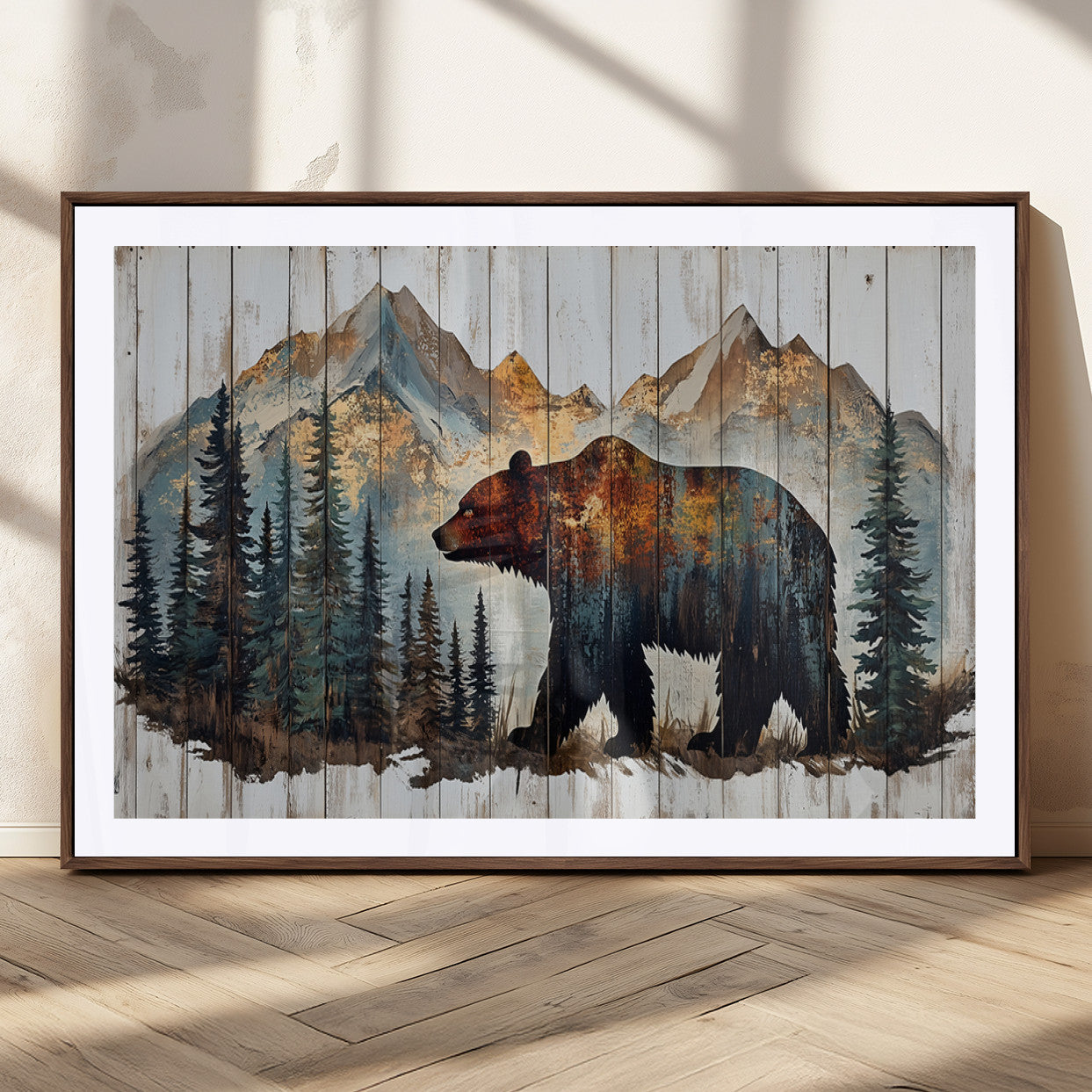 55777-MGC-FP-36x24_Walnut-Rustic Grizzly 399 Bear and Mountain Wood Canvas Wall Art - Framed Nature Artwork with Forest