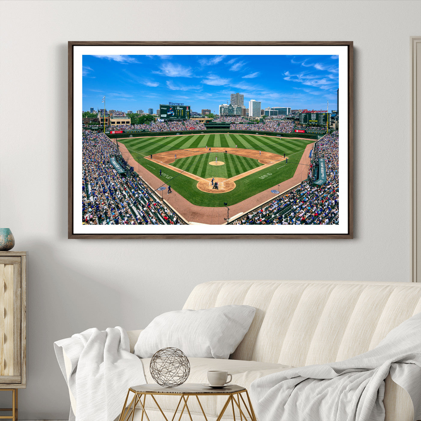 26064-MGC-FP-36x24_Walnut-Framed Wrigley Field Chicago Cubs Print, Panoramic Multi Piece Canvas Wall Art - Iconic Baseball Stadium Print for Sports Lovers - Ready to