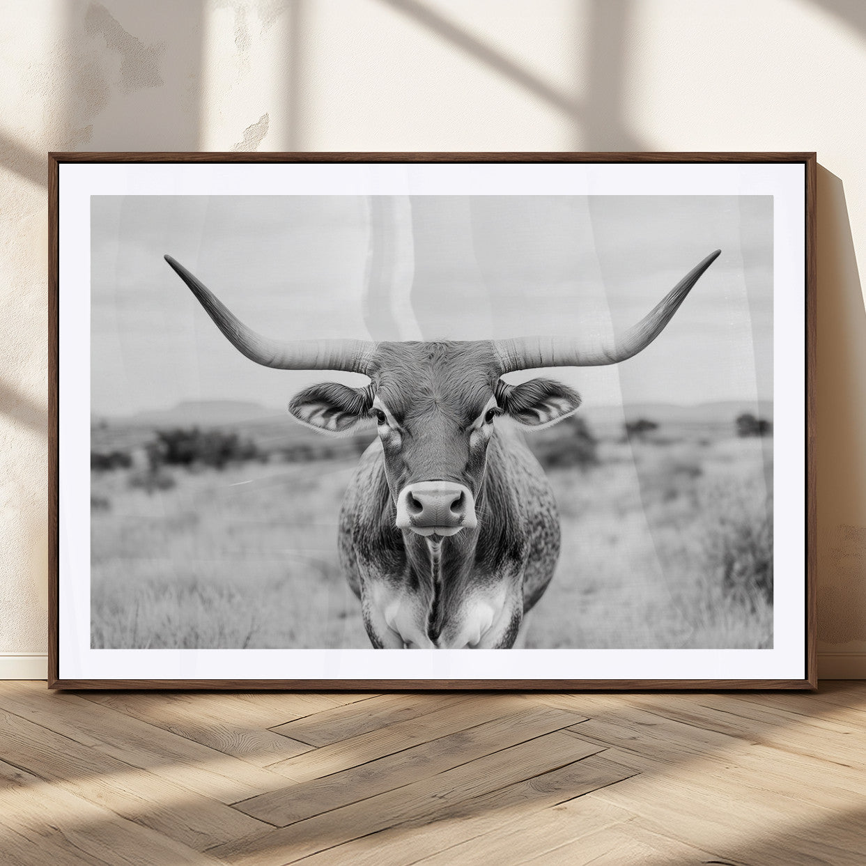 MGC-FP-36x24 - Highland Cow Wall Art Print - Black and White Texas Western Longhorn Canvas - Farmhouse Decor Print
