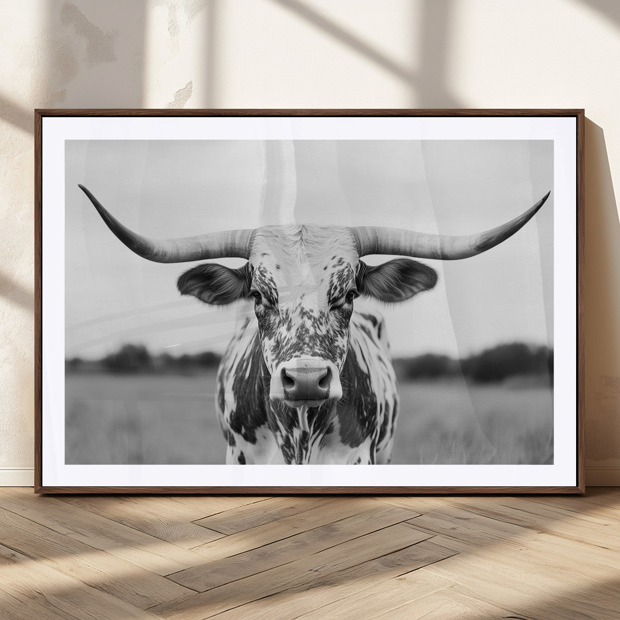 MGC-FP-36x24 - Highland Cow Wall Art - Black and White Western Longhorn Canvas Print - Farmhouse Living Room Decor