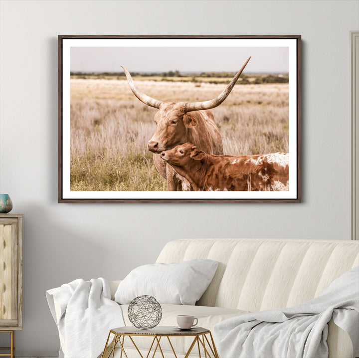 60320-MGC-FP-36x24_Walnut-Texas Longhorn Cow Wall Art Canvas Print for Farmhouse Wall Art, Texas Decor, Western Wall Art Print