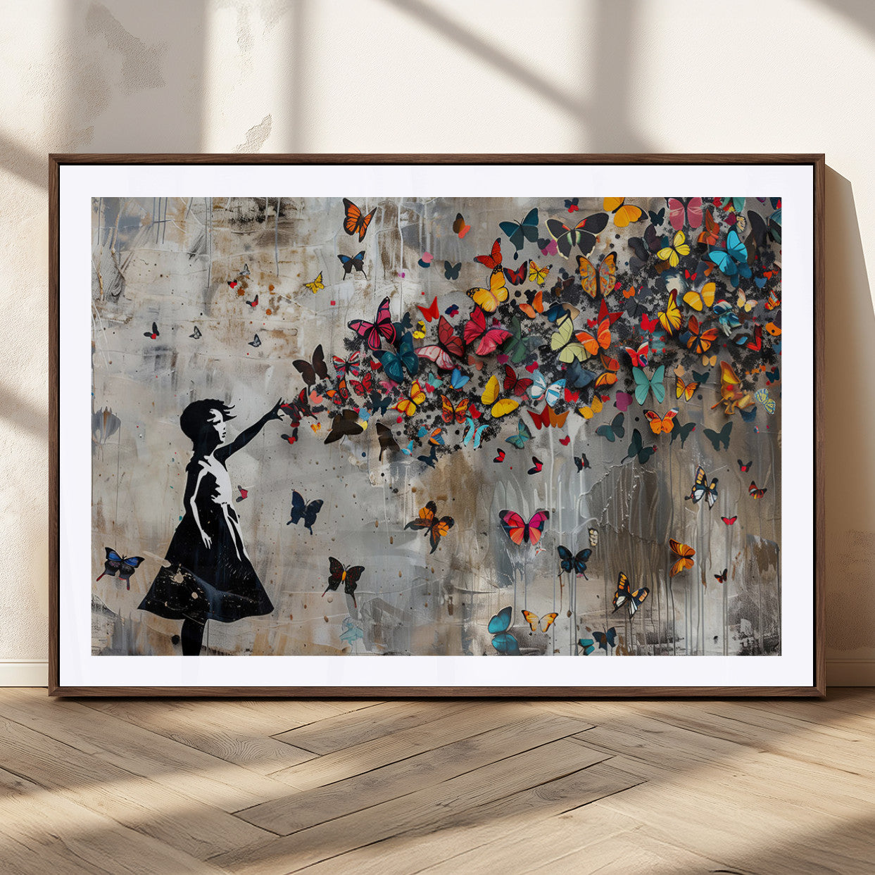 MGC-FP-36x24 - Framed Banksy Butterfly Girl Wall Art ,3-Piece Butterfly Girl Canvas, Modern Graffiti Canvas Print