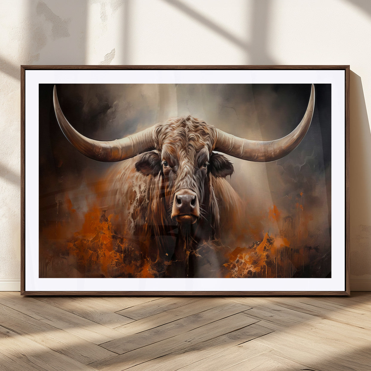 MGC-FP-36x24 - Highland Bull Canvas Abstract Canvas Wall Art Print – Powerful Highland Bull with Striking Horns in