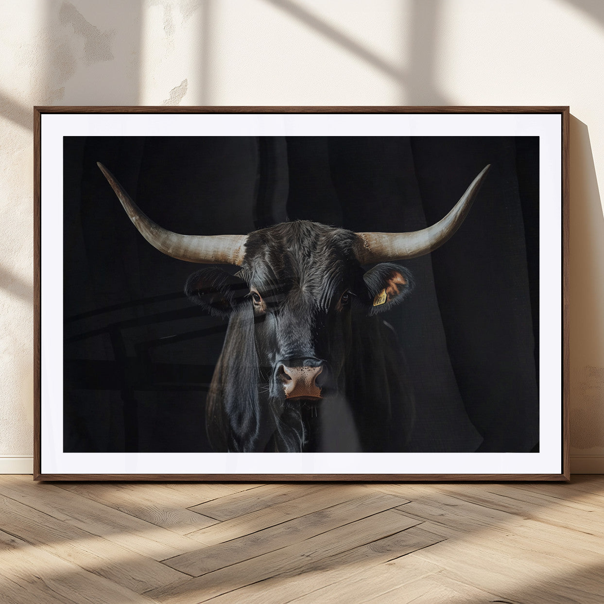 48065167-MGC-FP-36x24_Walnut-Majestic Longhorn Bull Wall Art Canvas Print – Dark Background Western Ranch Portrait Artwork for Home, Office