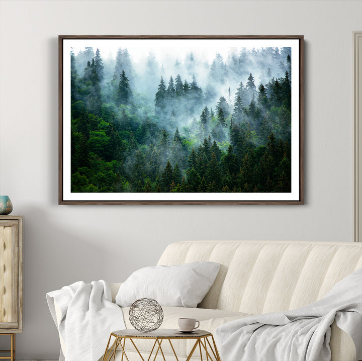 Misty Forest Art Wall Art Canvas Print, Foggy Mountain Art Print, Framed Scenic Wall Print Art Print, Large Woodland Canvas Printing Perfect