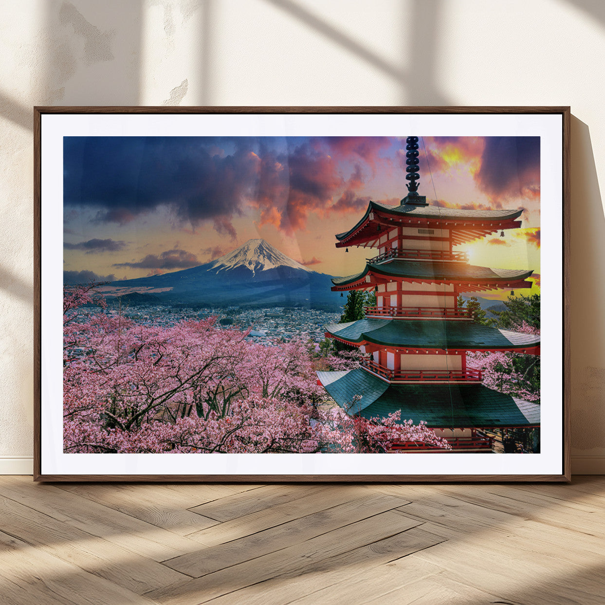 MGC-FP-36x24 - Mount Fuji & Cherry Blossom Wall Art Canvas Print – Iconic Japanese Landscape, Sakura Pagoda Sunset,