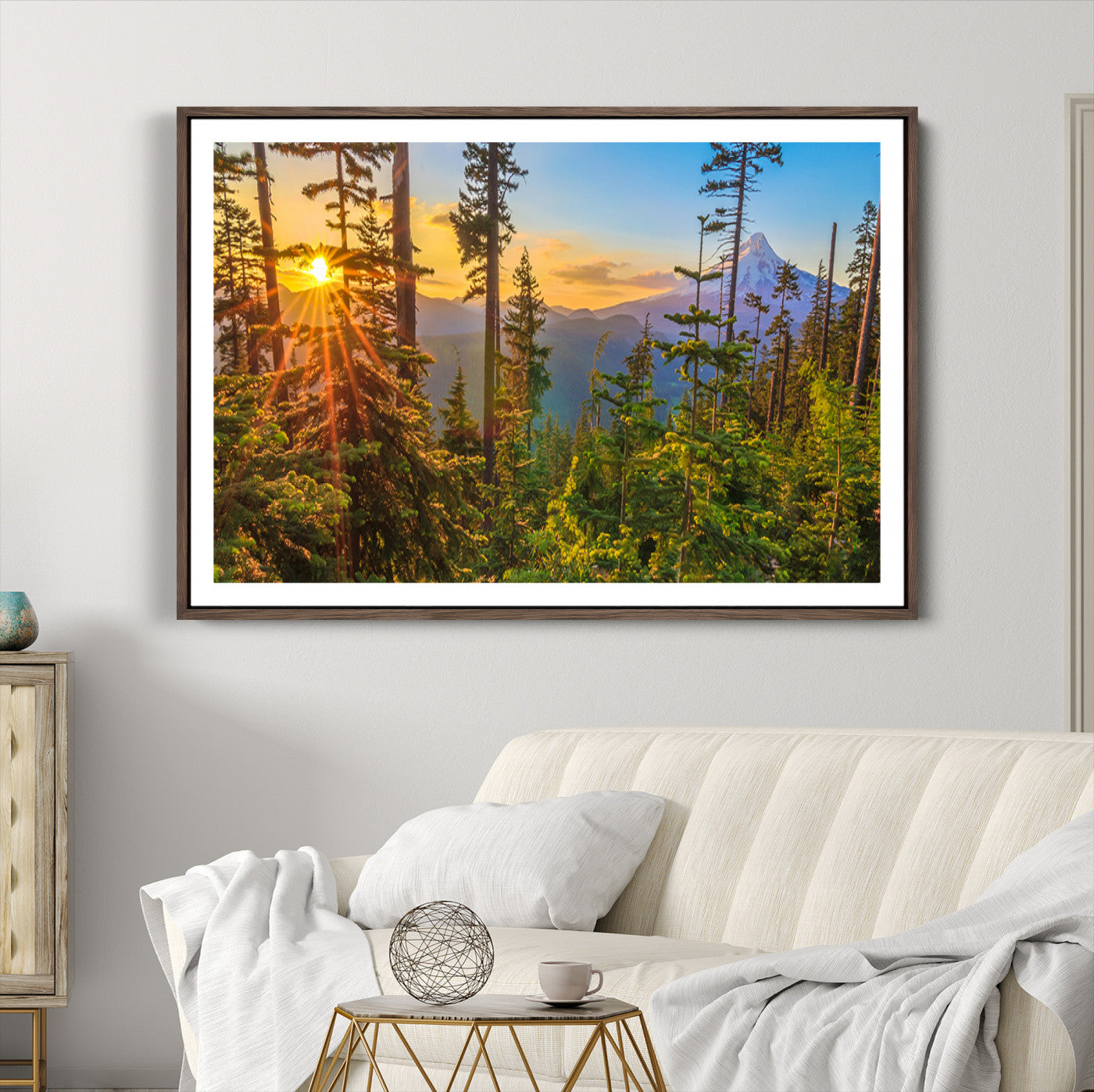 83544043-MGC-FP-36x24-Forest Sunset Wall Art Canvas Print, Framed Sunset Trees Art Picture Print, Green Pines Perfect Rustic Nature Decor