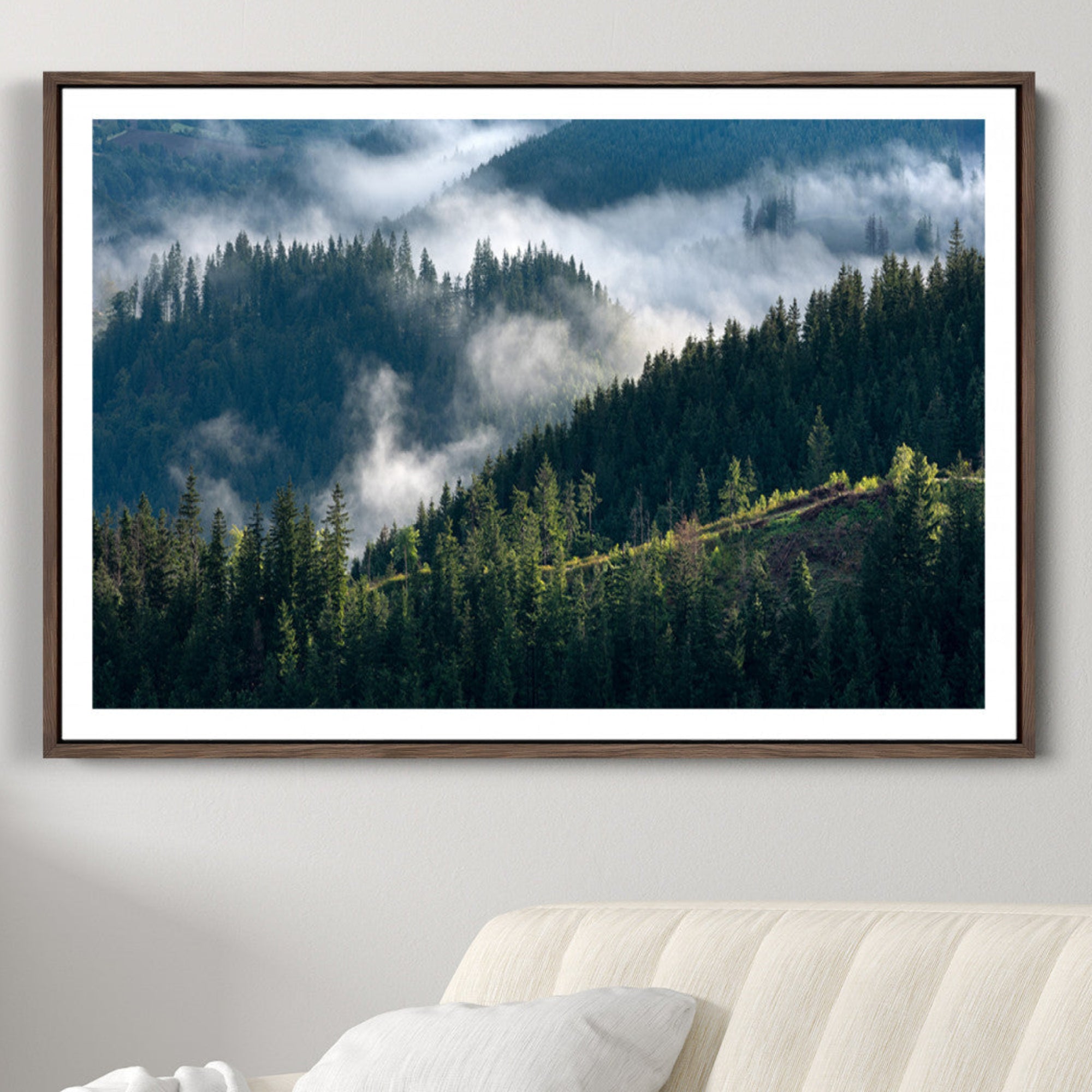 84598503-MGC-FP-36x24-Misty Forest Wall Art Canvas Print – Pine Hills Foggy Woodland Moody Atmosphere Nature Artwork for Home Office