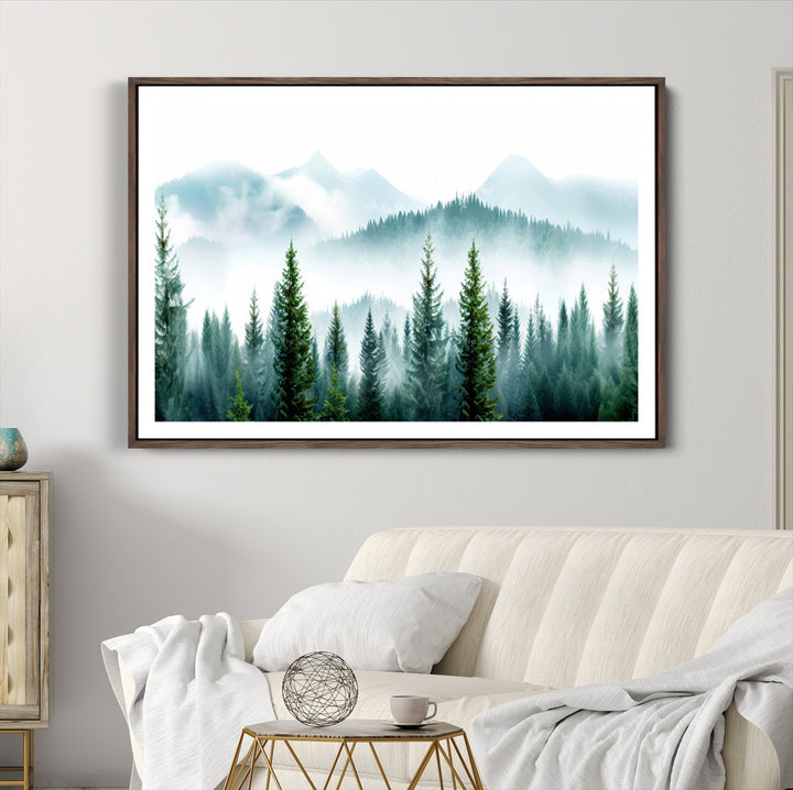 Pine Forest Wall Art Canvas Print, Framed Misty Mountains Art Picture Print, Foggy Trees Perfect Moody Forest Decor Artwork